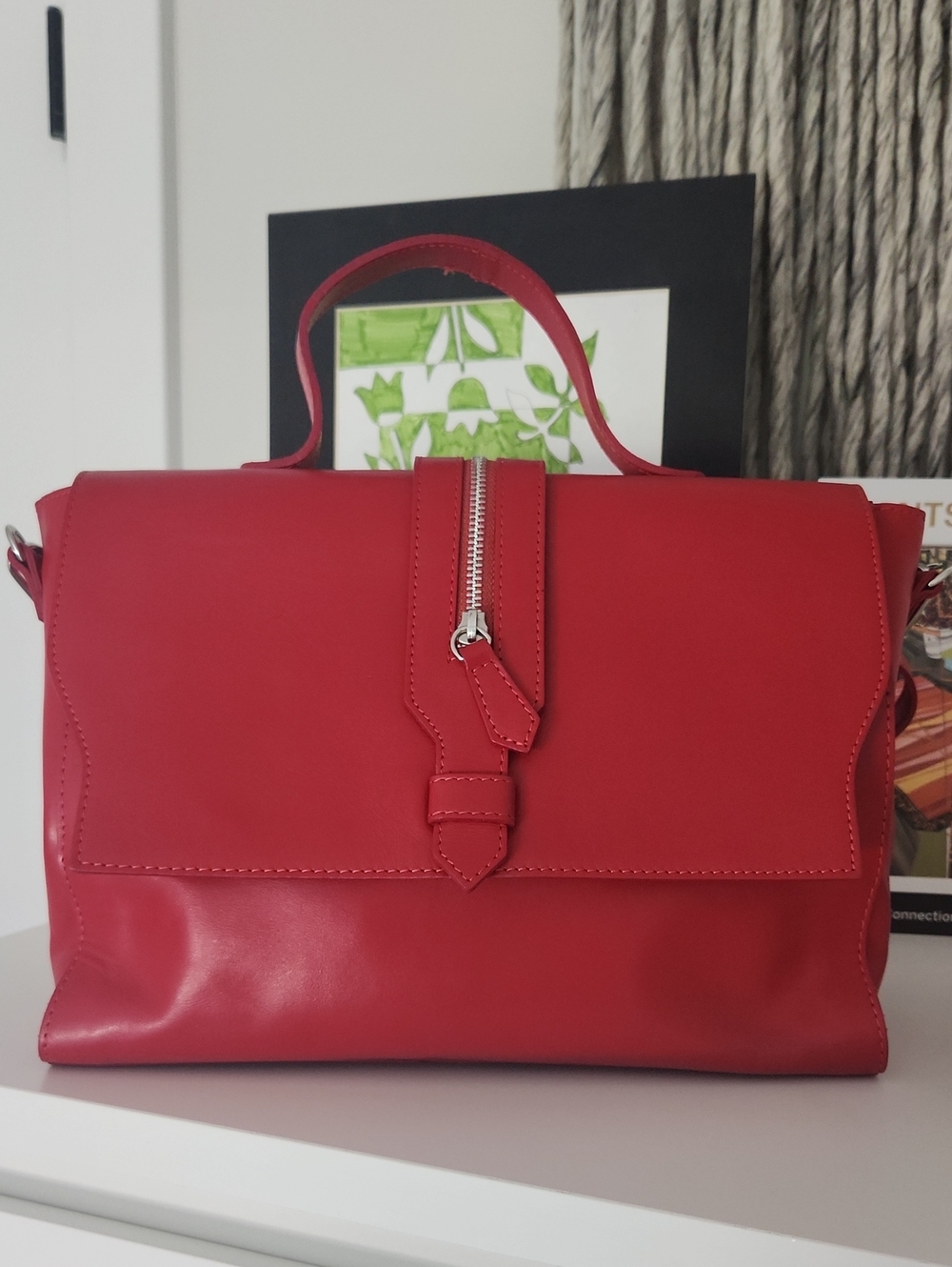 Structured Red Leather Top-Handle Satchel